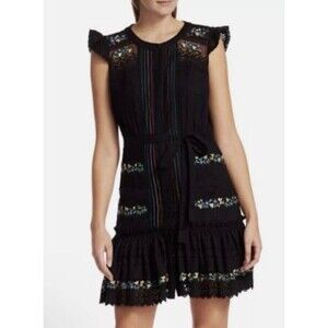 SALONI Bea Pintuck Ruffle Cap Sleeve Embroidered Cotton Mini Dress Size 4 **